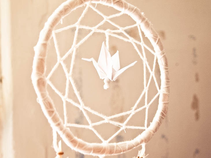Dream Catcher - Let's Fly - With Unique Duck Feathers, White Nett and a White Origami Bird - Home Decor, Mobile
