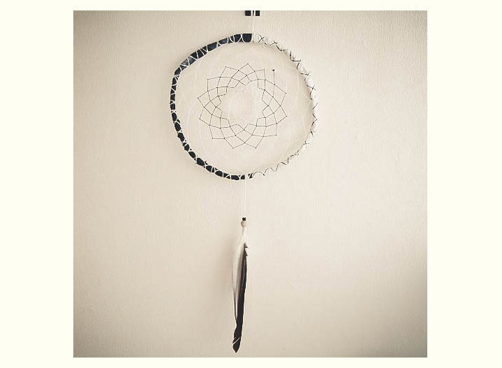Dream Catcher - Black and White Harmony - With Natural Black and White Feathers and Black and White Nett - Home Decor, Mobile
