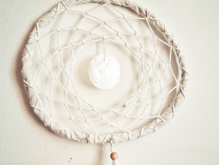 Dream Catcher - Mother of Pearls - With Swan Feathers, White Circular Mother of Pearl Disk, White Frame and Nett - Home Decor, Mobile