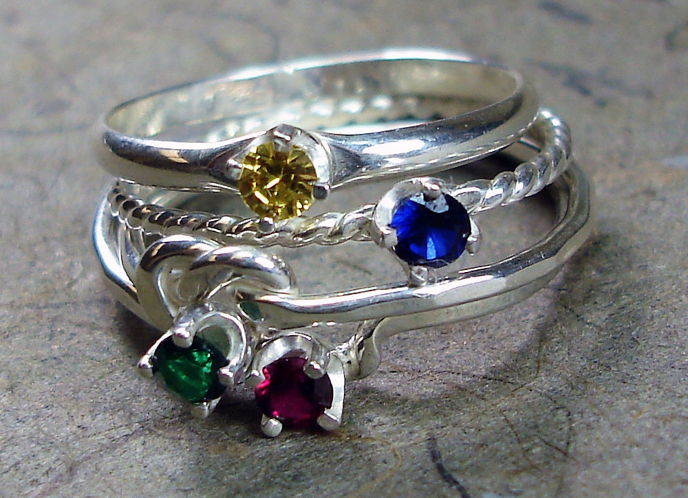 Stacked Rings Argentium Silver 3mm Cubic Zirconia CZ Birthstone - Mix and Match - Pick Your Own Set