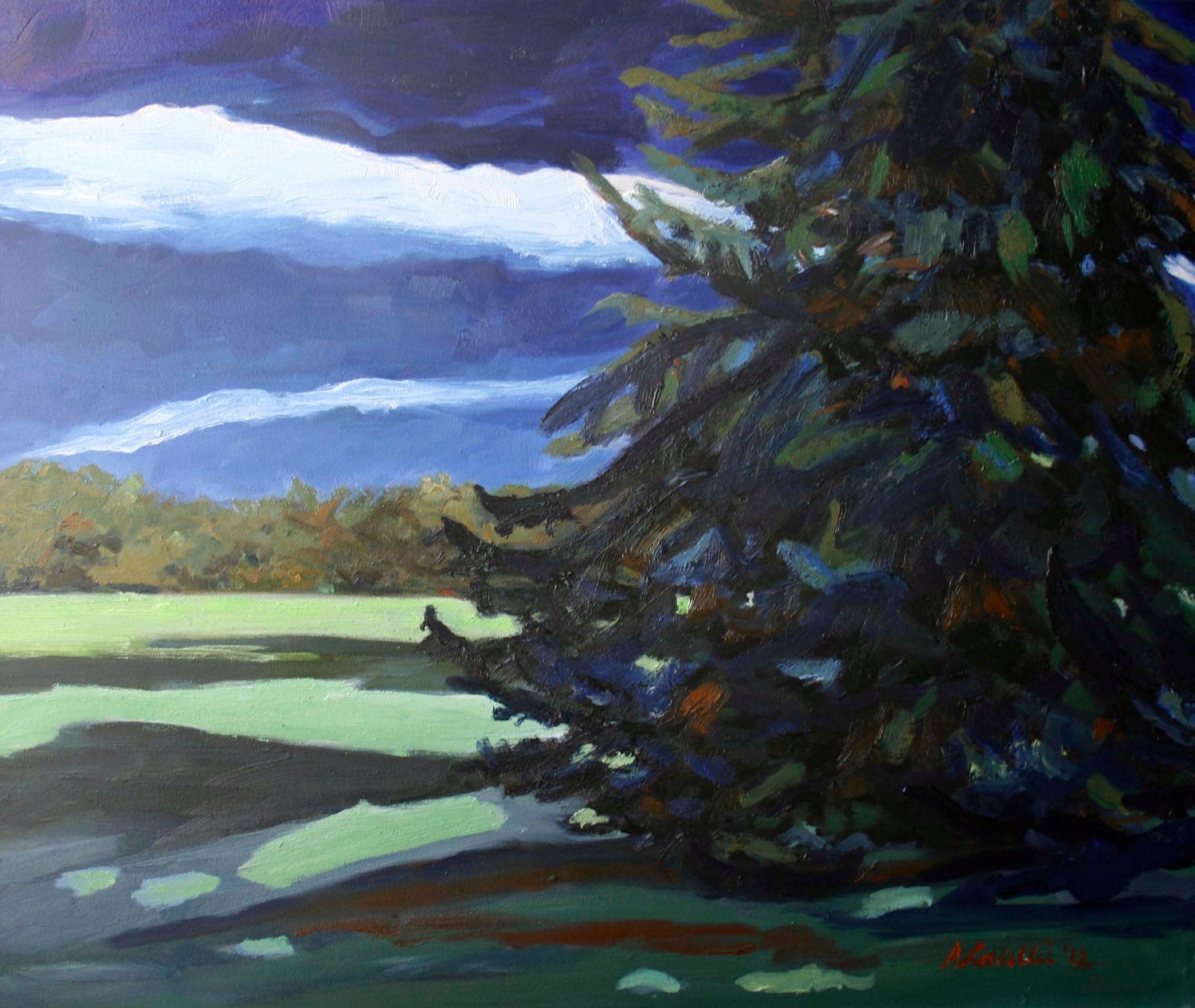 Landscape painting oils Blue Moon  MOONLIGHT Shadows abstract Spruce trees stretched Canvas Original Fine Art