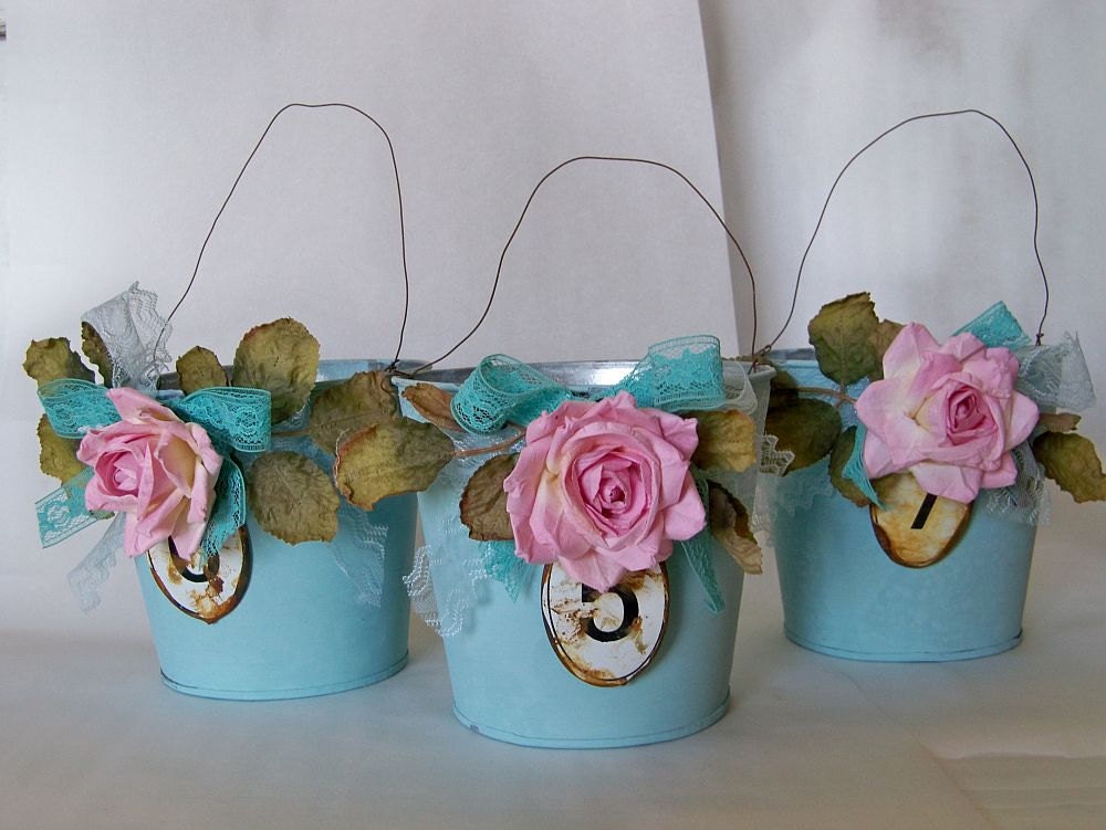 Aqua buckets embellished rusty number tags pink roses shabby chic cottage candle holders weddings home decor anoita spero