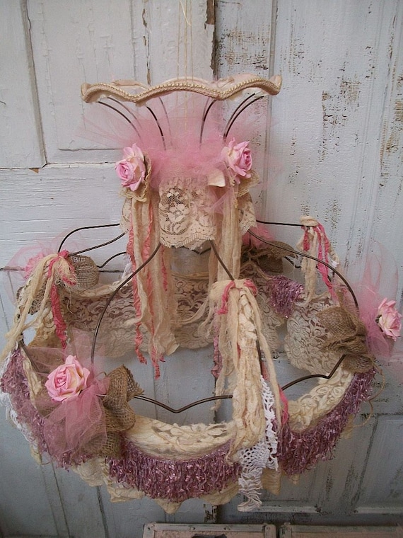 Lamp Shade handmade upcycled burlap lace OOAK Anita Spero
