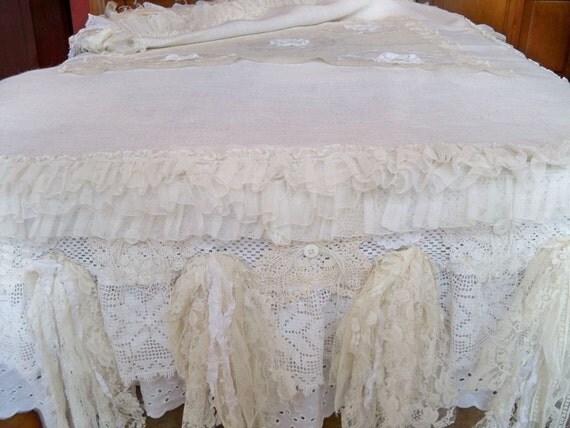 White Christmas tablecloth burlap recycled materials lace ruffles table linen all hand made ooak  Anita Spero