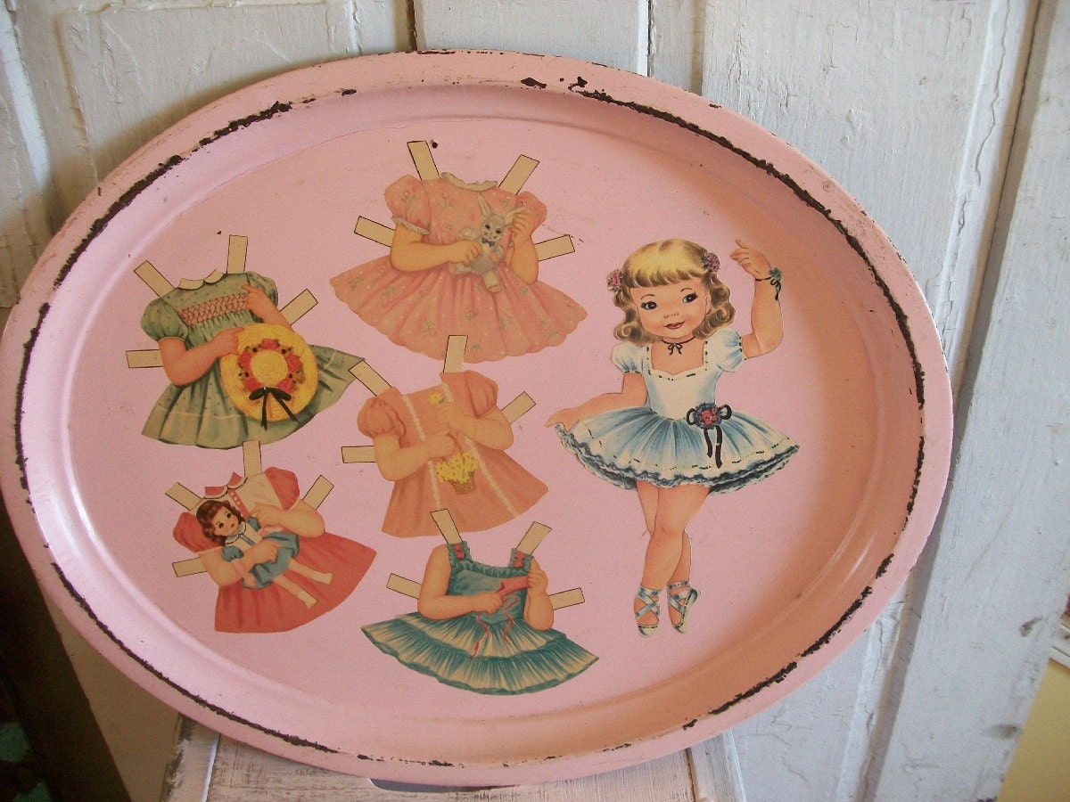 Vintage oval pink serving tray shabby chic cottage OOAK Anita Spero