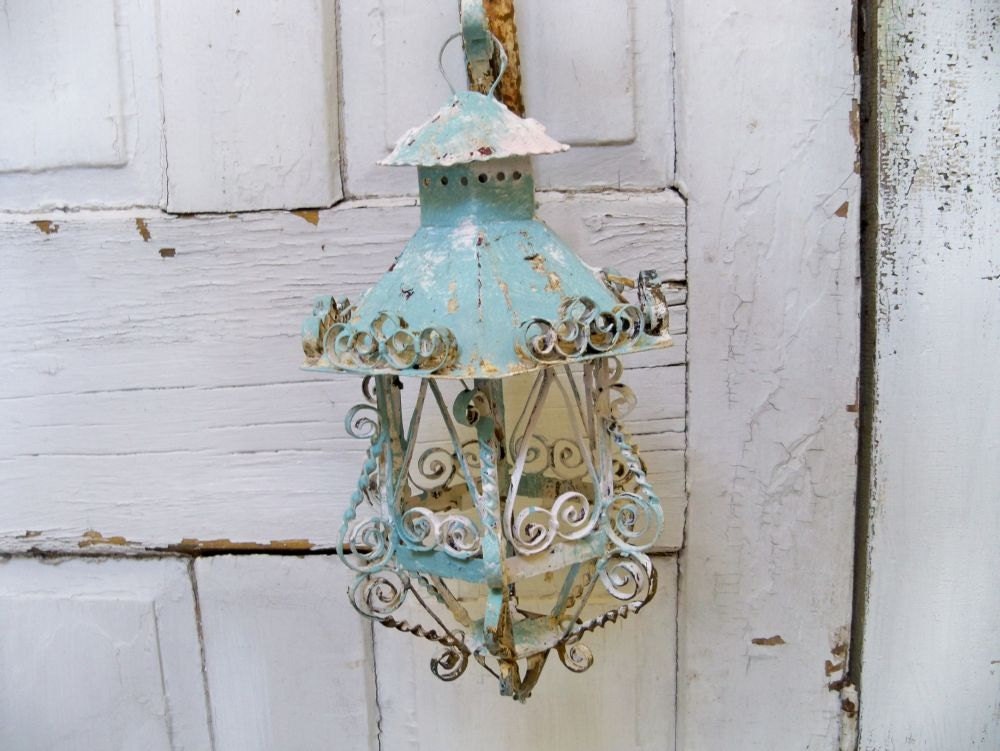 Shabby chic scroll work metal lantern candle holder with hanger ooak Anita Spero
