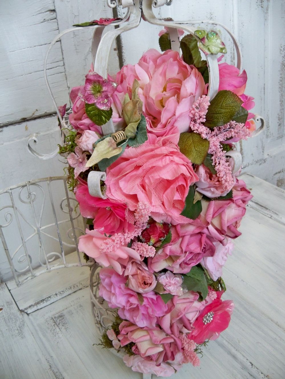 Ornate iron metal birdcage vintage heavily embellished 50 roses flowers pink white home decor wedding decoration anita spero