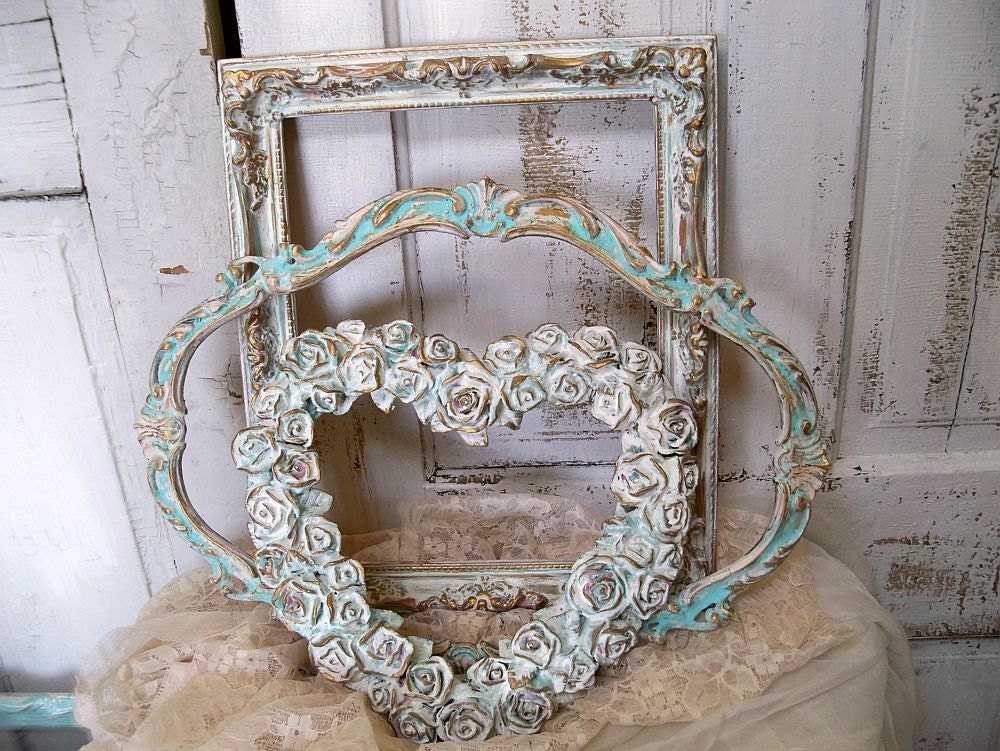 Handmade weathered aqua-white ornate picture frames set of three OOAK Anita Spero