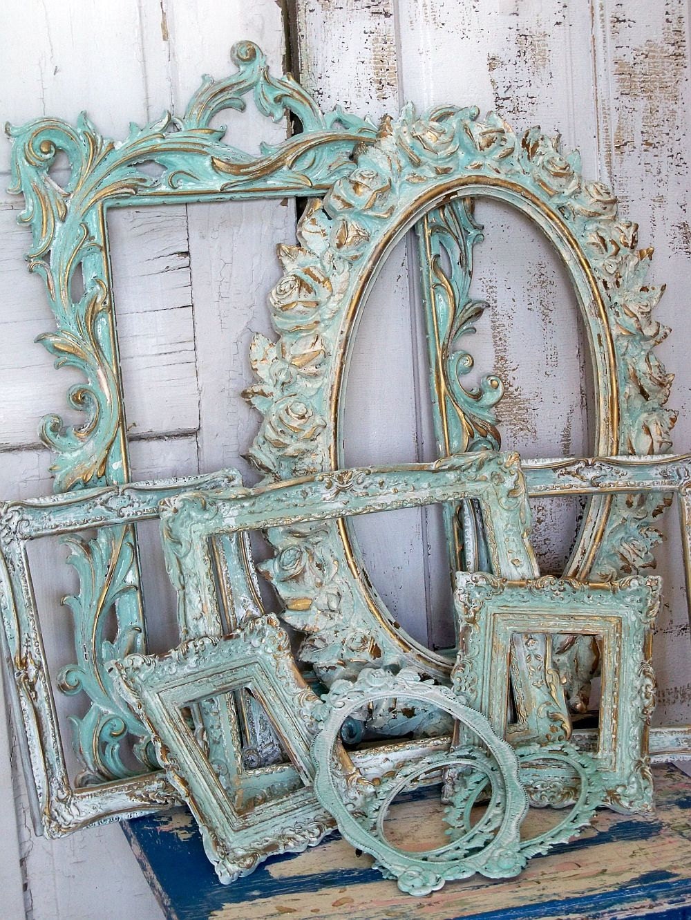 Aqua white ornate frame grouping, vintage antique mix distressed Baroque gesso styles Anita Spero