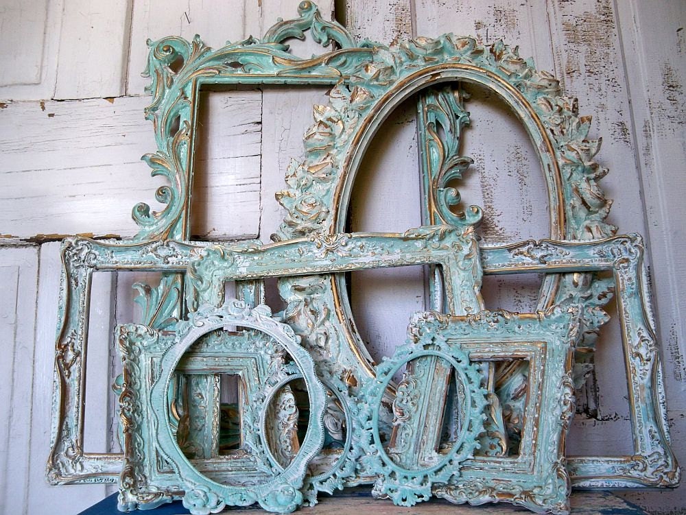 Aqua white ornate frame grouping, vintage antique mix distressed Baroque gesso styles Anita Spero