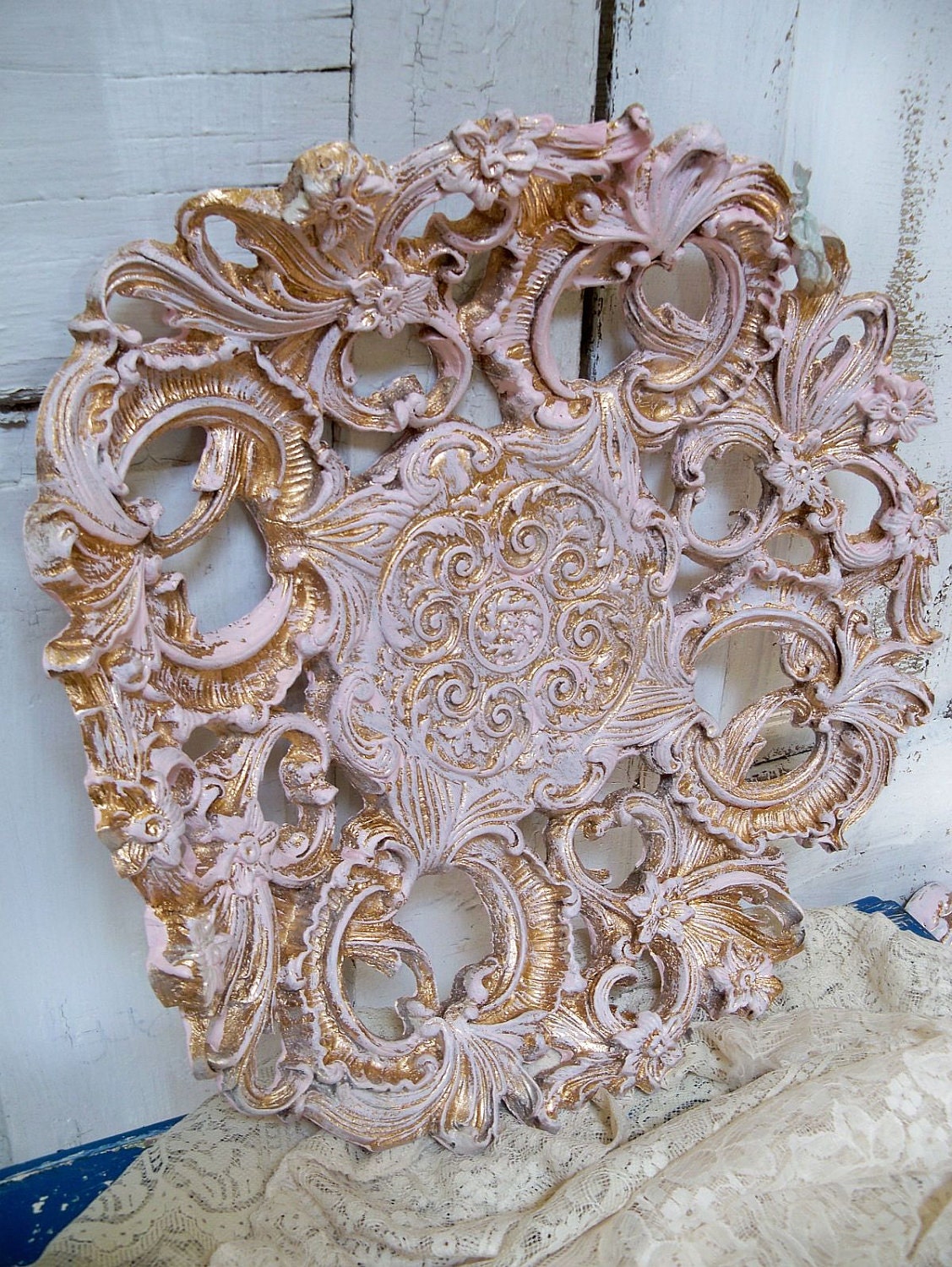 Shabby chic bowl hand painted distressed ornate fancy ooak Anita Spero