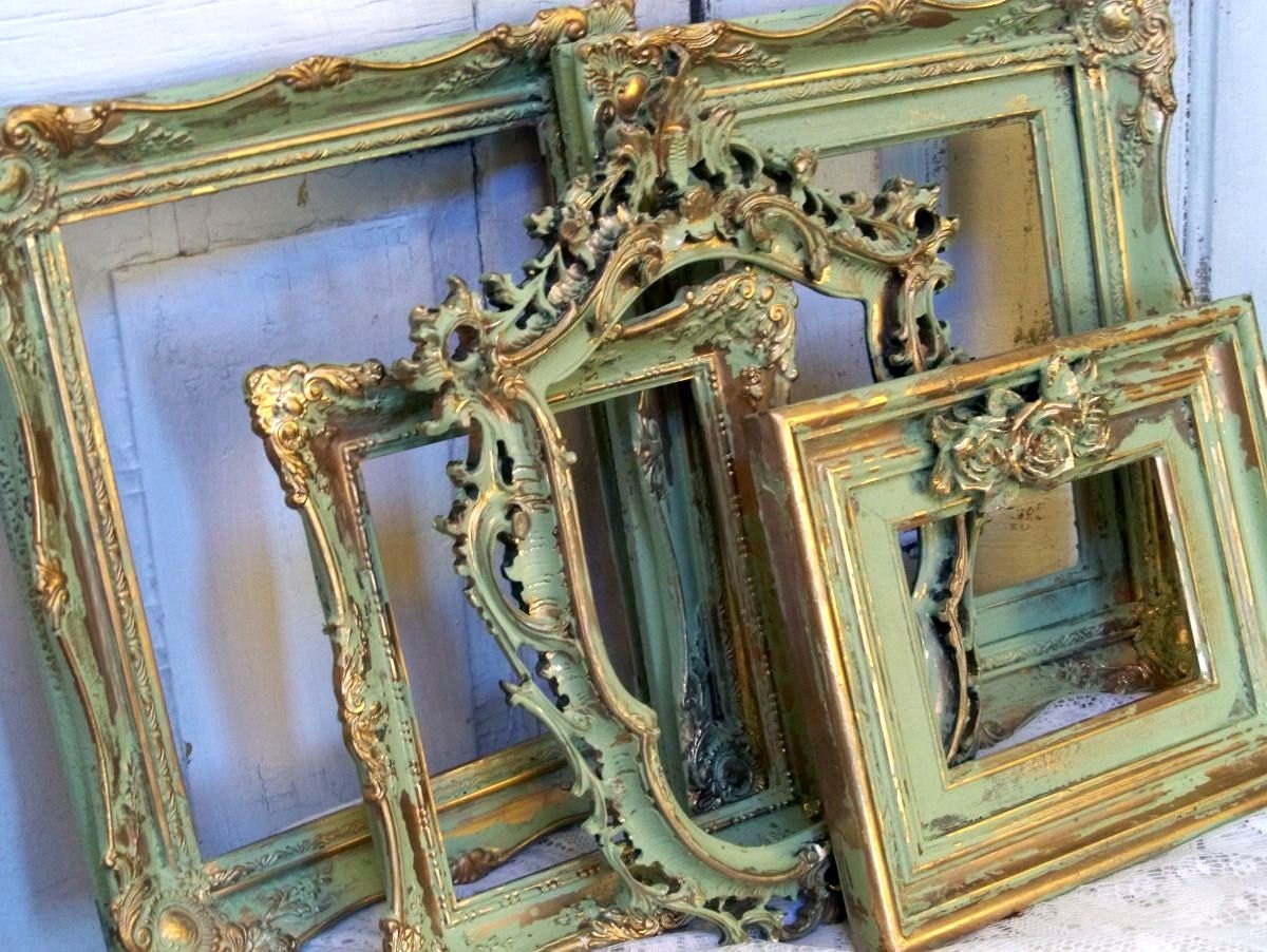 Hand painted Frame grouping shabby chic soft apple green touches of gold distressed OOAK Anita Spero