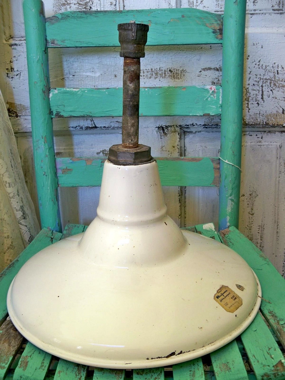White enamel farmhouse barn shade- industrial vintage pendant lighting Anita Spero