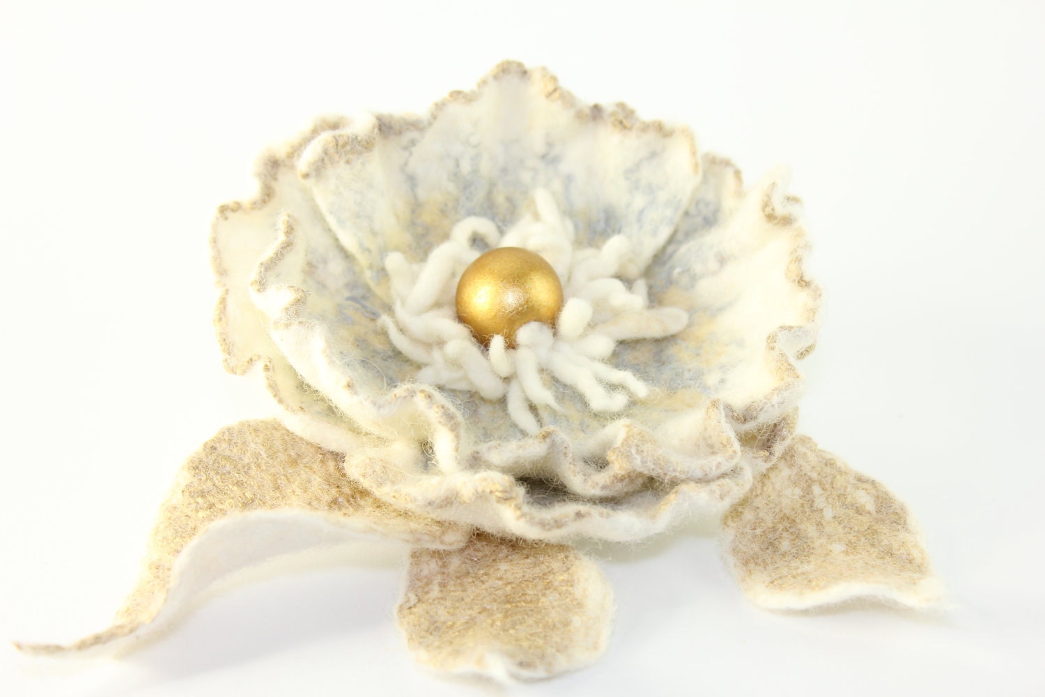 White Gold Felted flower brooch / White Gold Felted brooch - TaniaSh