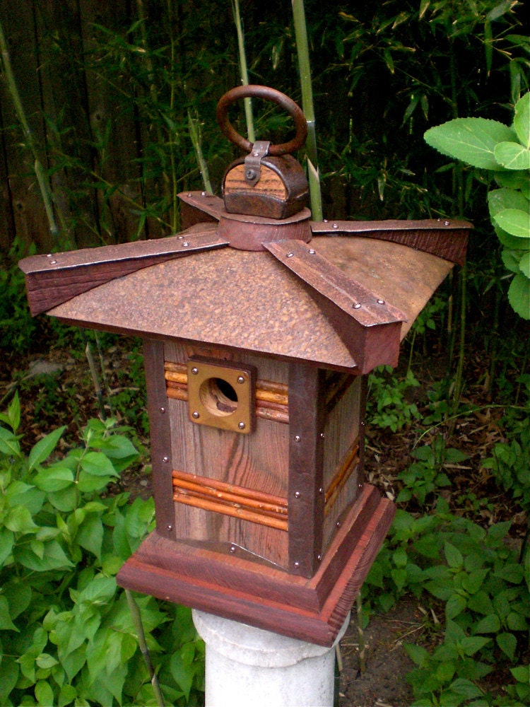 The Pagoda: Japanese Style Birdhouse From Reclaimed Barn Wood and Metal Roofing--MADE TO ORDER