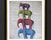 Colorful Elephants Stacked -  ORIGINAL ARTWORK Mixed Media art print on 8x10 Vintage Dictionary page, Dictionary art, Dictionary print