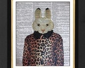 Rabbit "Spotted Overcoat "-ORIGINAL ARTWORK-14Kt Gold Lea-Mixed Media art print 8x10 Vintage Dictionary page,  Dictionary print