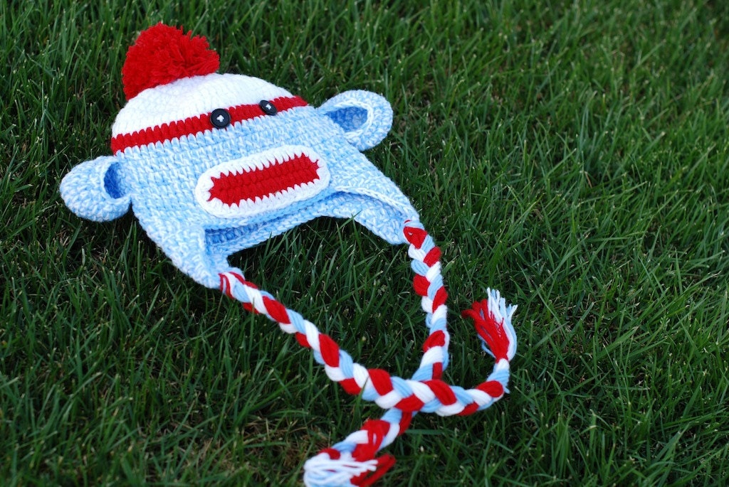 SALE: Sock Monkey Hat Blue & Red- Available to ship now (Small - XLarge)