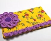 Checkbook cover Yellow Purple French fabric lace crochet Provence