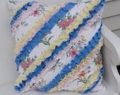 Chic Floral Ruffled Pillow Cover - 16" x 16" - Handmade, White/Green/Pink/Blue/Yellow, Envelope Style Closure