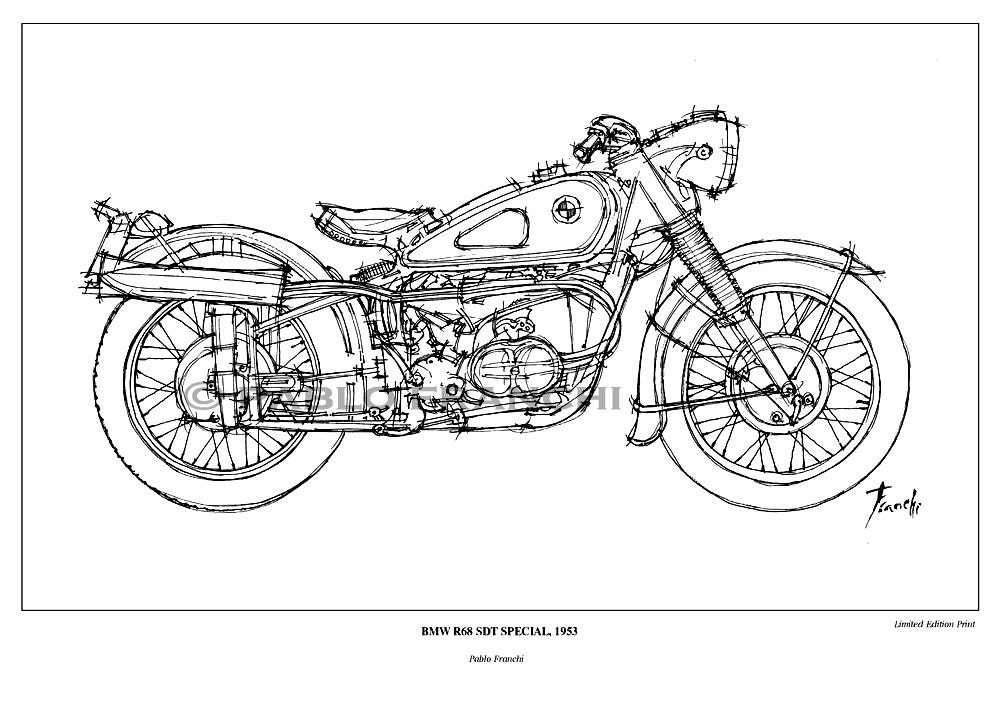 BMW R68 Sdt Special, 1953 - Original Handmade Drawing Limited Edition Print - Paper size  A3: 11.5x16 in. (29 x 41 cm)