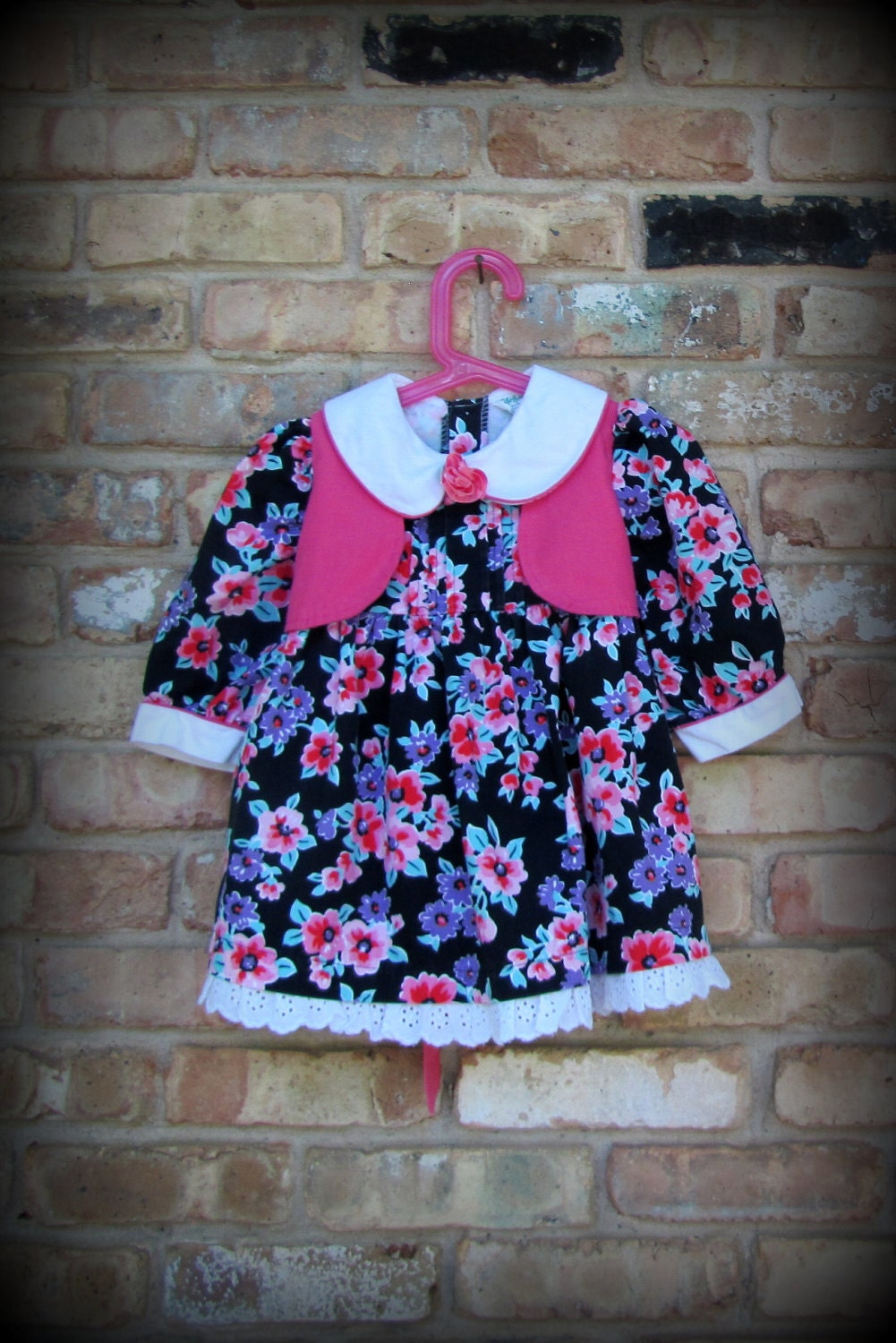 Vintage Toddler Dress / Black Dress with Flowers / 1980s / 18 months