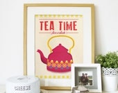 MID CENTURY Art for Kitchen Word Print Illustration Poster in Dark Pink - Tea Time - A3 poster art print