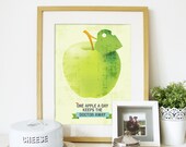 Vintage Kitchen Art Typography Illustration Poster in Green - One Apple a day keeps the doctor Away - A3 poster