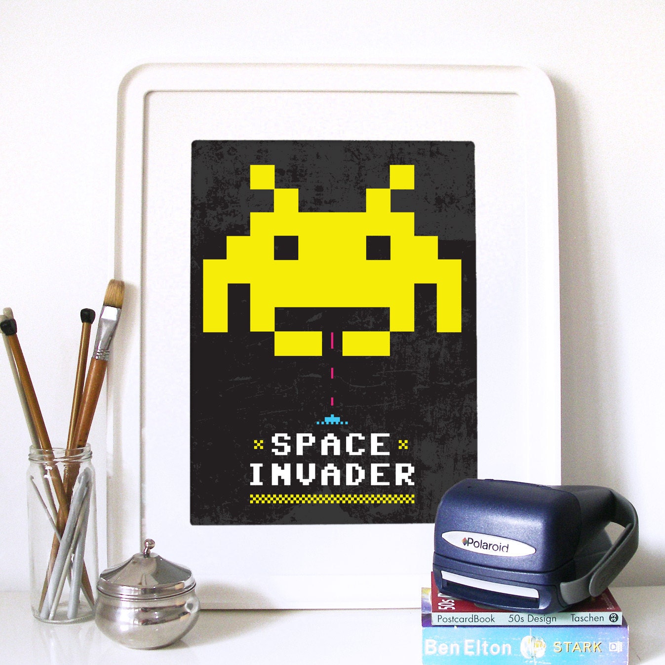 SPACE INVADERS Video game inspired Poster Art Print in Black and Yellow - A3 Poster art print size