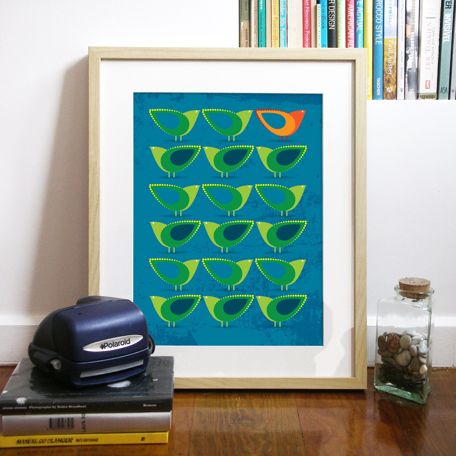 Mid Century design inspired Birds Illustration Print Art Poster in Blue and Green - A3 poster - Vintage love etsy poster art print