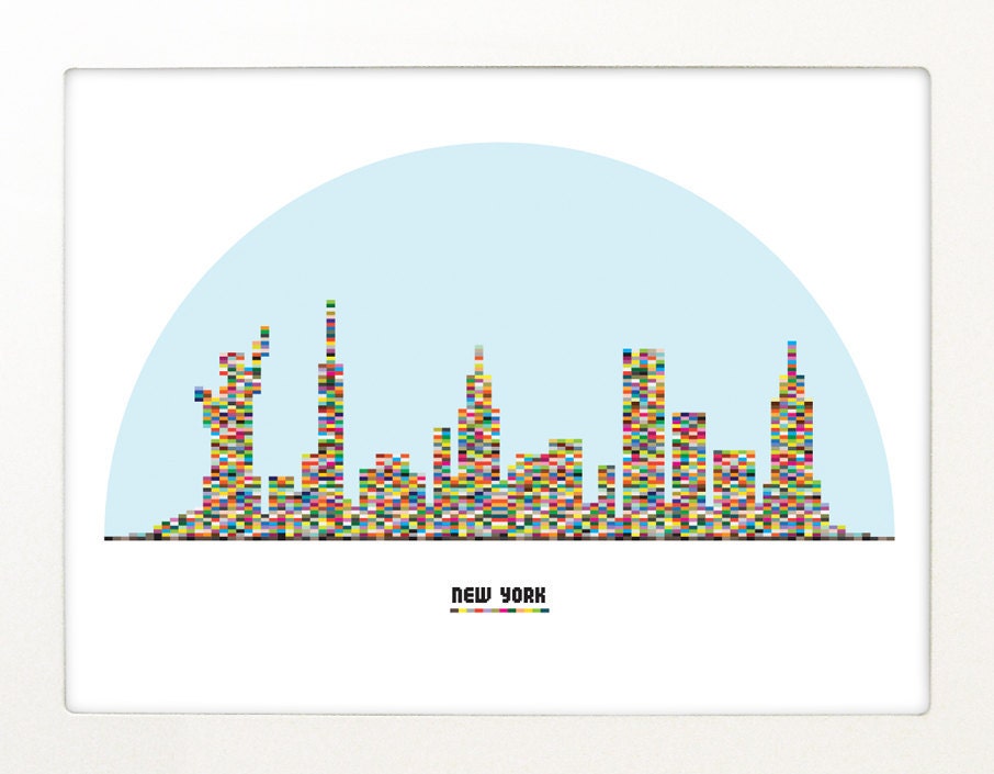 NY city skyline Poster LEGO pieces. Snow globe - A3 size Poster print - New York City Poster Silhouette rainbow colors NY Poster