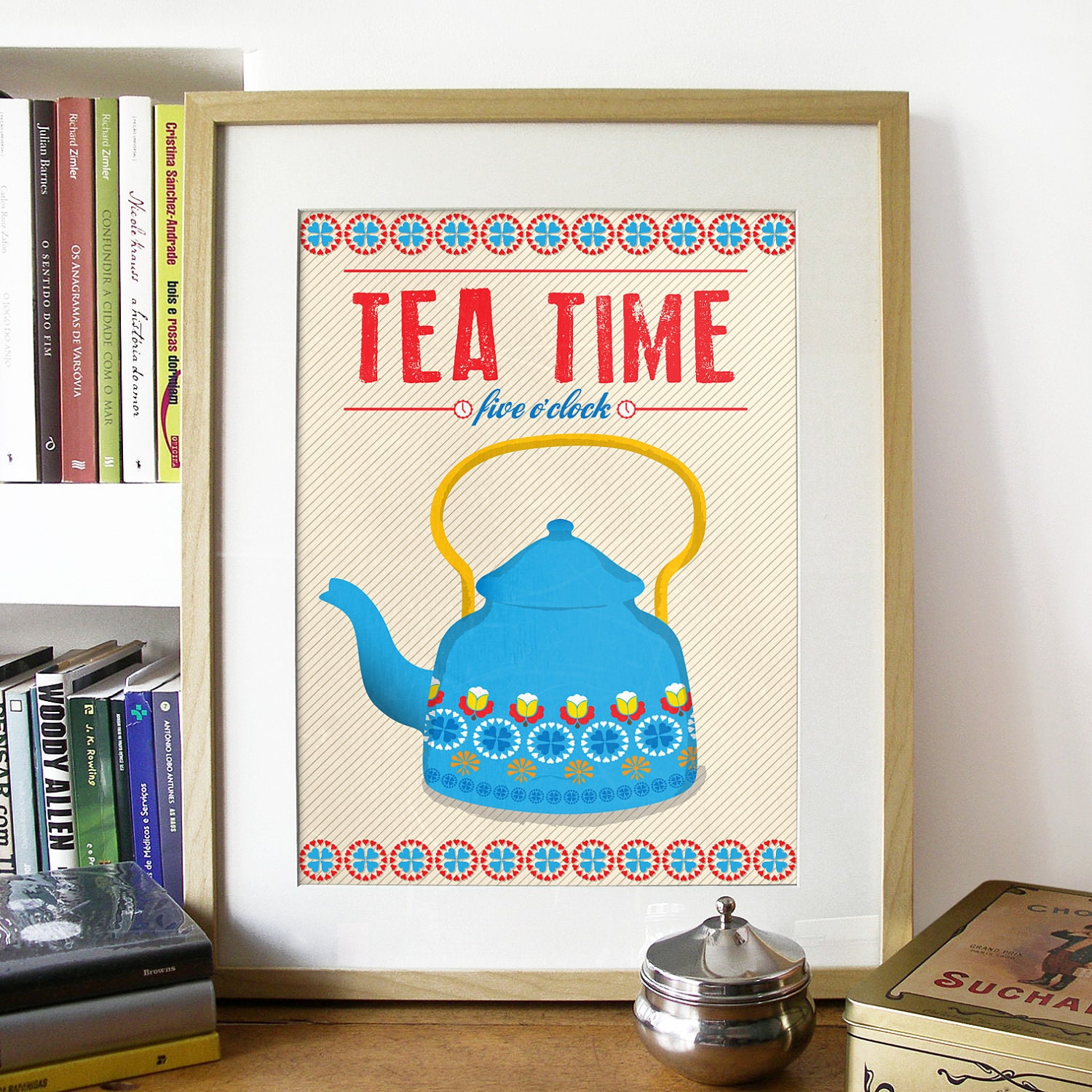 Art for Kitchen Word Print Illustration Poster in Blue - Tea Time - A3 poster print - Vintage Mid Century design