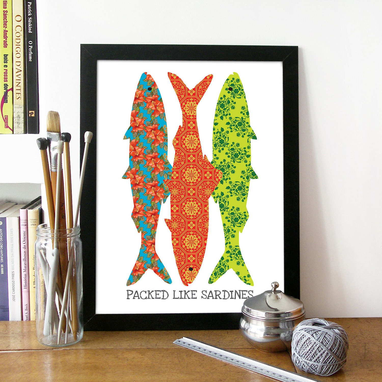 Kitchen Illustration Poster Art with Words and patterns - Typography Proverb - PACKED LIKE SARDINES