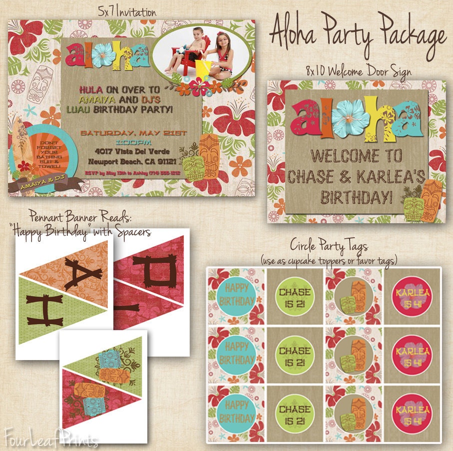 Aloha Hawaiian Luau Party Package - Printable DIY - Invitation, Party Tags, Banner and Welcome Sign