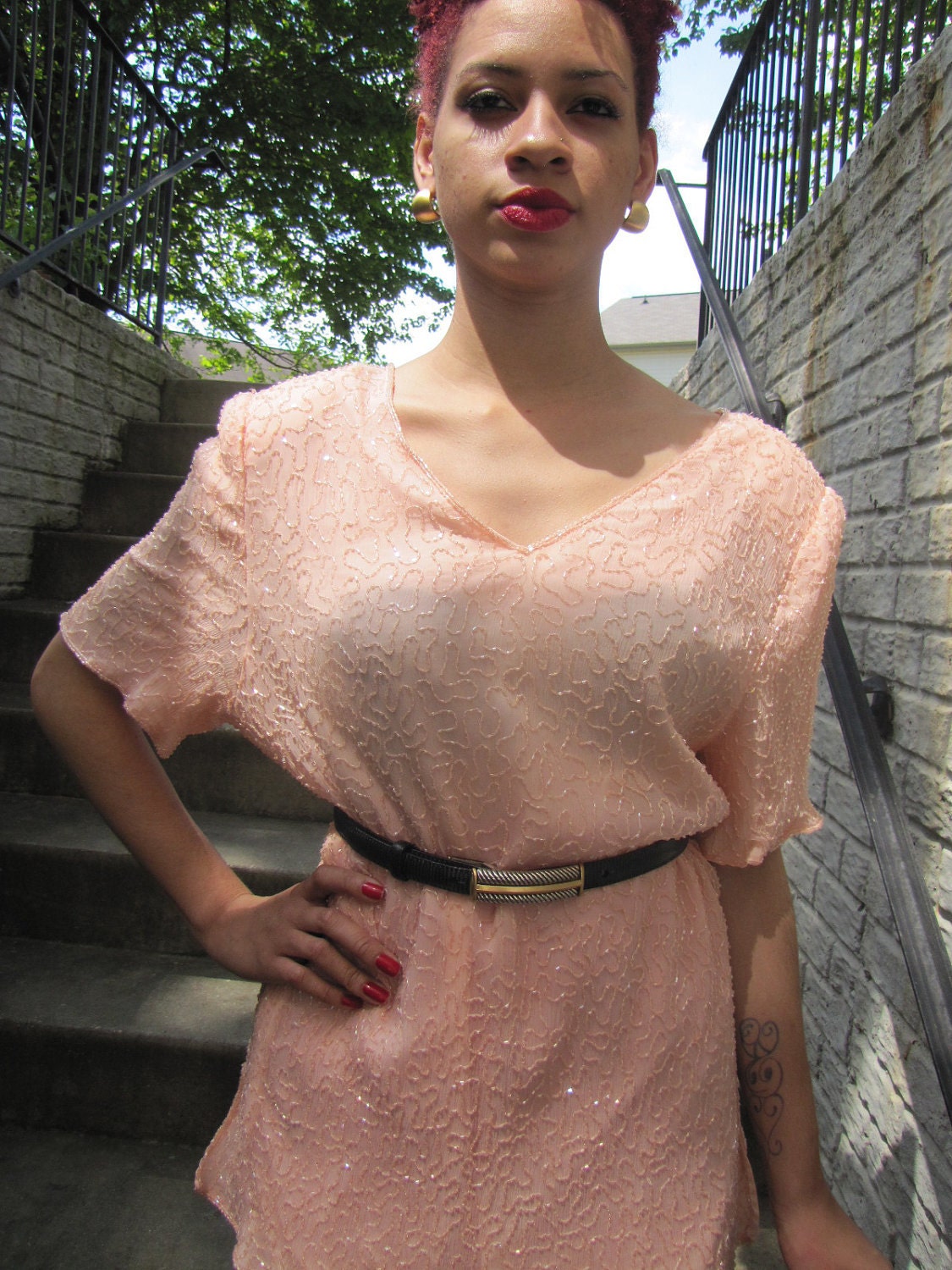 Vintage 80s Light Pink Beaded Silk Blouse