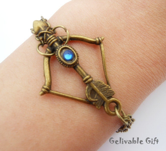 Arrow bracelet,Steampunk bow and arrow bracelet bow and arrow pendant with blue crystal and double chain BBA01 - Gelivablegift