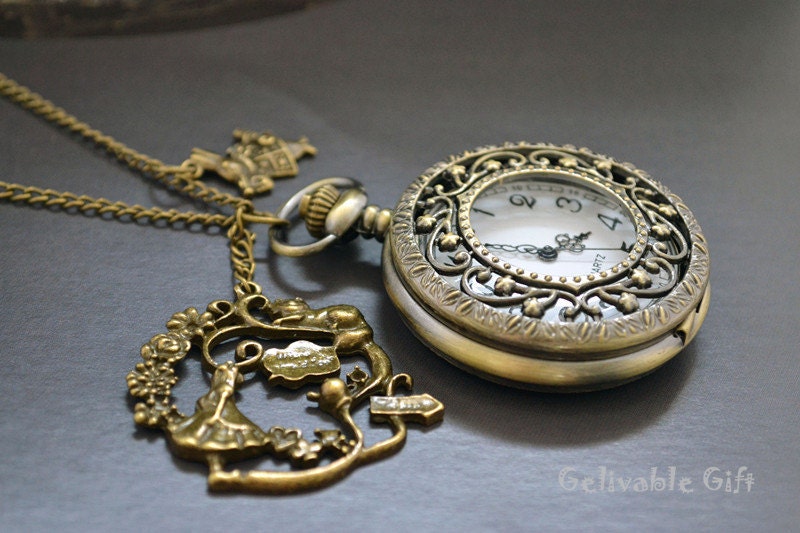 Alice in wonderland pocket watch necklace,with antique brass rabbit pendant NWAW01