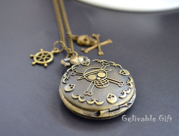 Anime One piece pocket watch necklace,Skull and rudder wheel pendant locket watch necklace NWHZ01