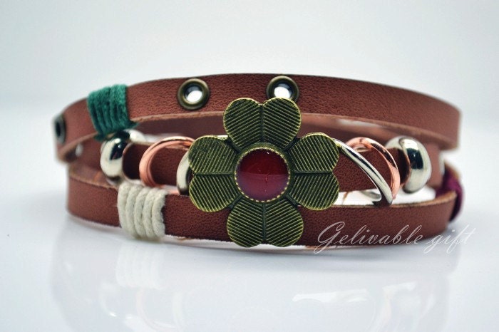 Flower leather bracelet ,steampunk Adjustable Leather plait bracelet with Metal Buckle BBf01