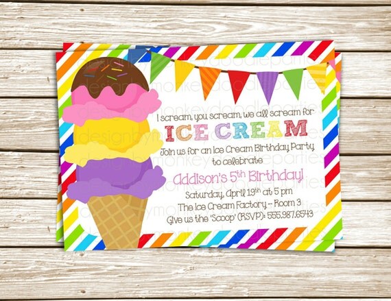 Rainbow Ice Cream Party Themed Birthday Party Printable Invitation Il_570xn