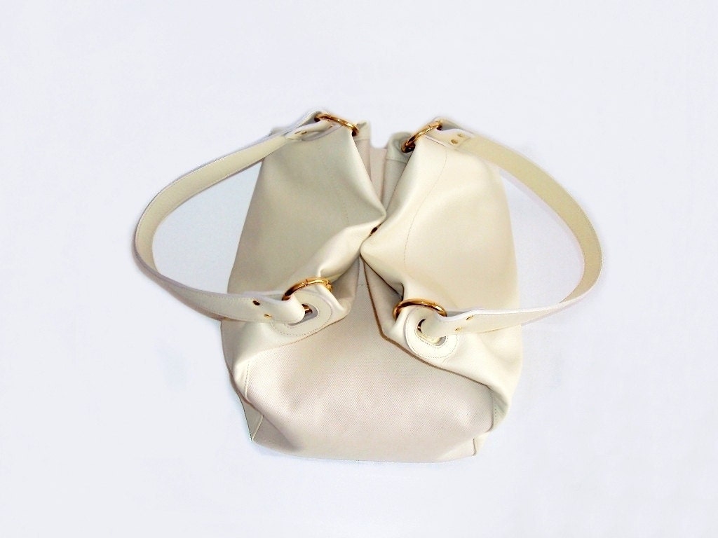 SALE - Beige Cream Leather Tote Bag, Leather Satchel, Beige Handbag Shoulder Bag