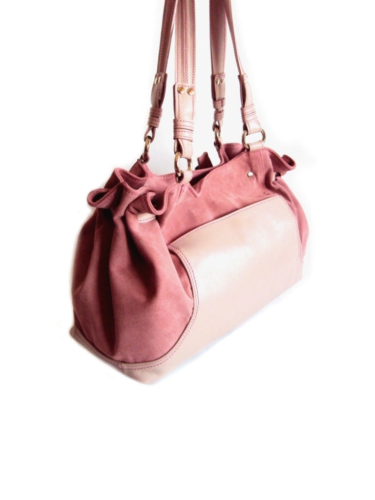 Pink Leather Shoulder Bag, Large Satchel, Suede Tote Bag, Pink Handbag, Summer Bag, Dusty Pink