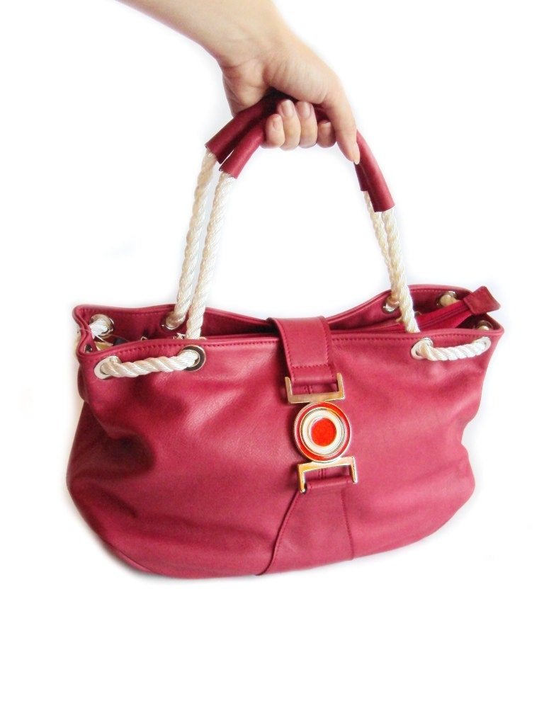 Sale Red Leather Tote Bag Summer Bag Rope Bag Leather Handbag Hobo Bag Soft Leather