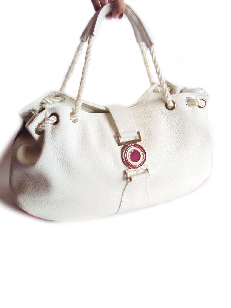 Sale White Leather Hobo Bag Tote Bag Summer Bag Rope Bag Leather Satchel Handbag