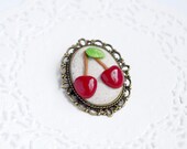 Cherry Brooch Vintage - Fruit Summer Brooch - Red Cherry Cameo Brooch
