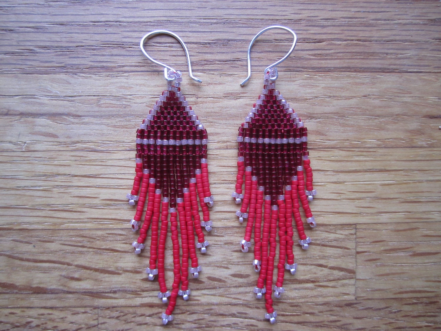 short and pointed WINE peyote stitched delica seed bead earrings