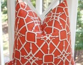 Decorative Pillow Cover - 18x18 Orange Tangerine White Waverly Trellis Geometric Pillow Cover- Throw Pillow