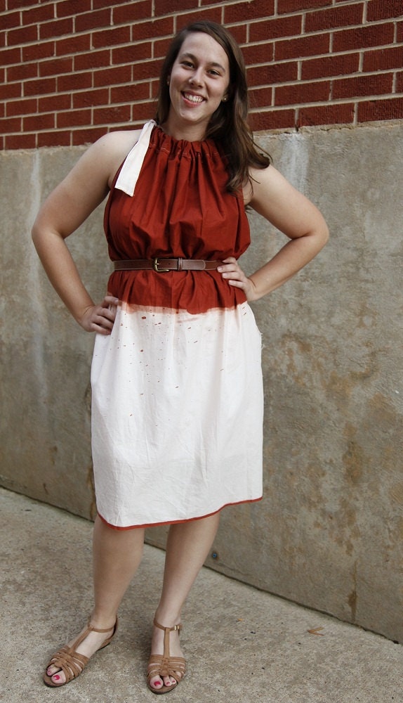 Rust and White Drawstring Neckline Dress