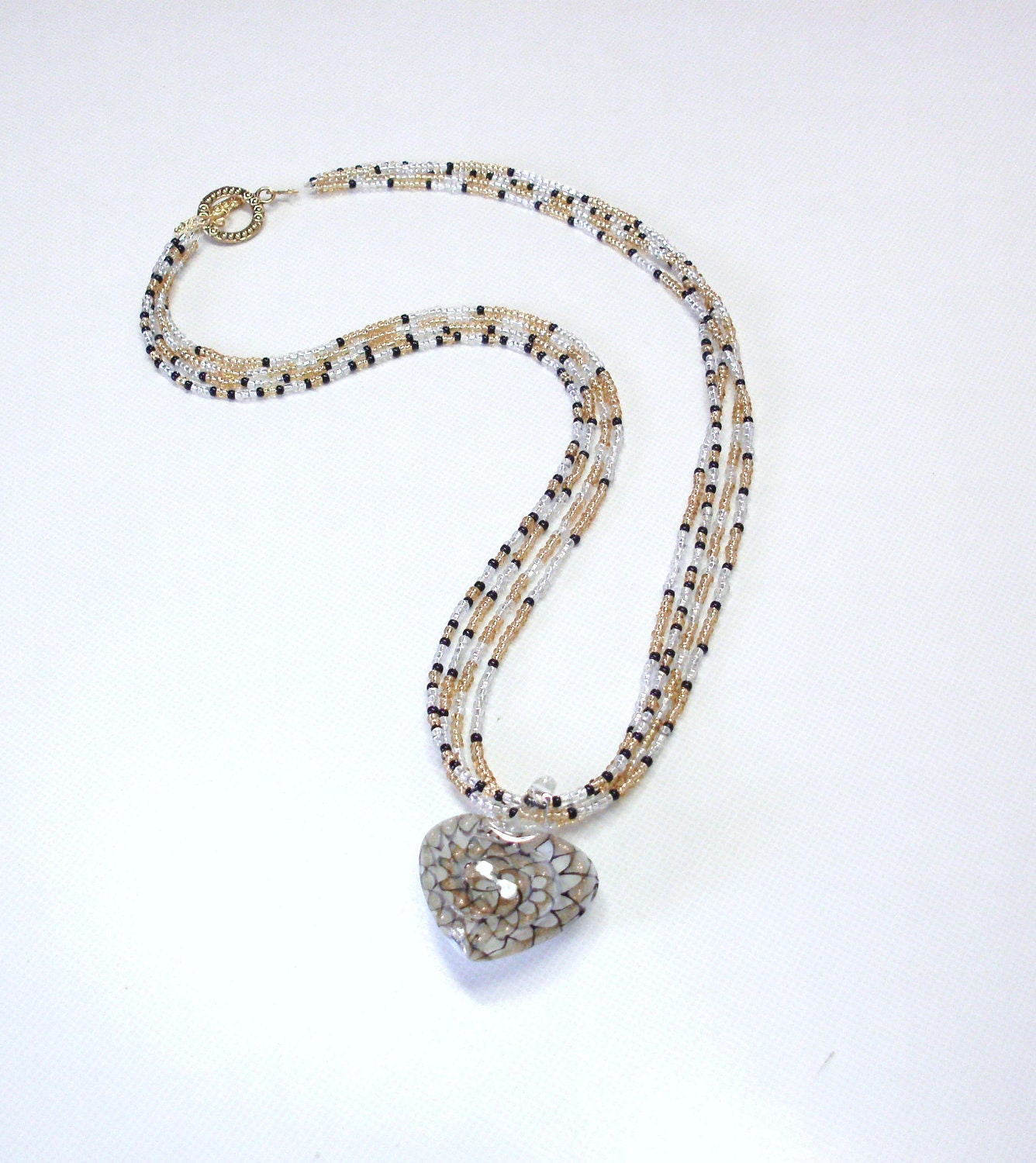 Handmade Multi-Strand Seed Bead Beaded Necklace with Glass Puff Heart Pendant