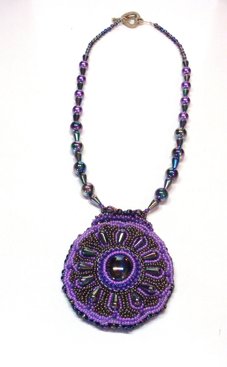 Handmade Bead Embroidered Necklace in Purples